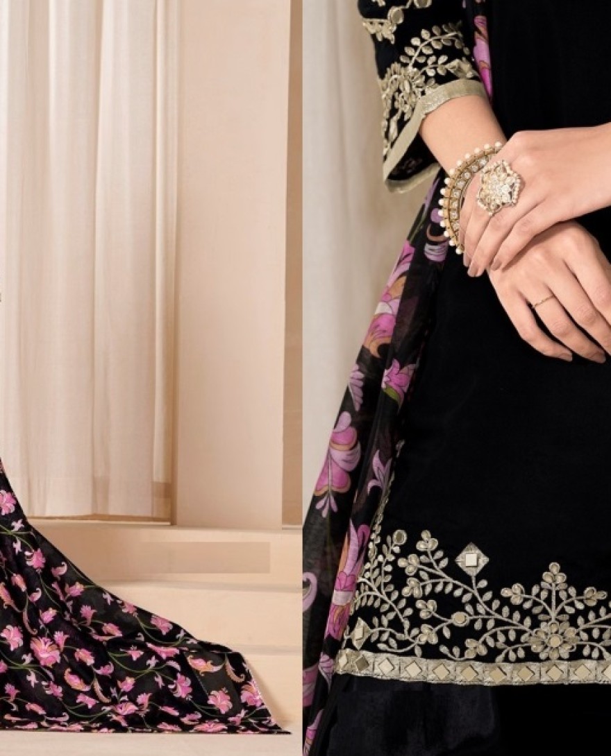 225-black - Mirror Work Black Embroidered Punjabi Suit